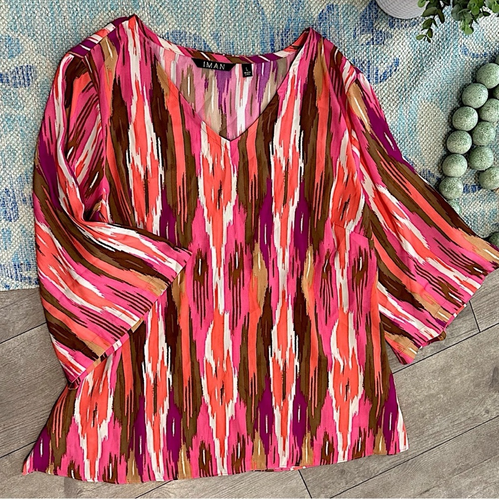 Iman Global Women’s Chic V Neck Blouse Vibrant Multi Color Patterned Flowy Large